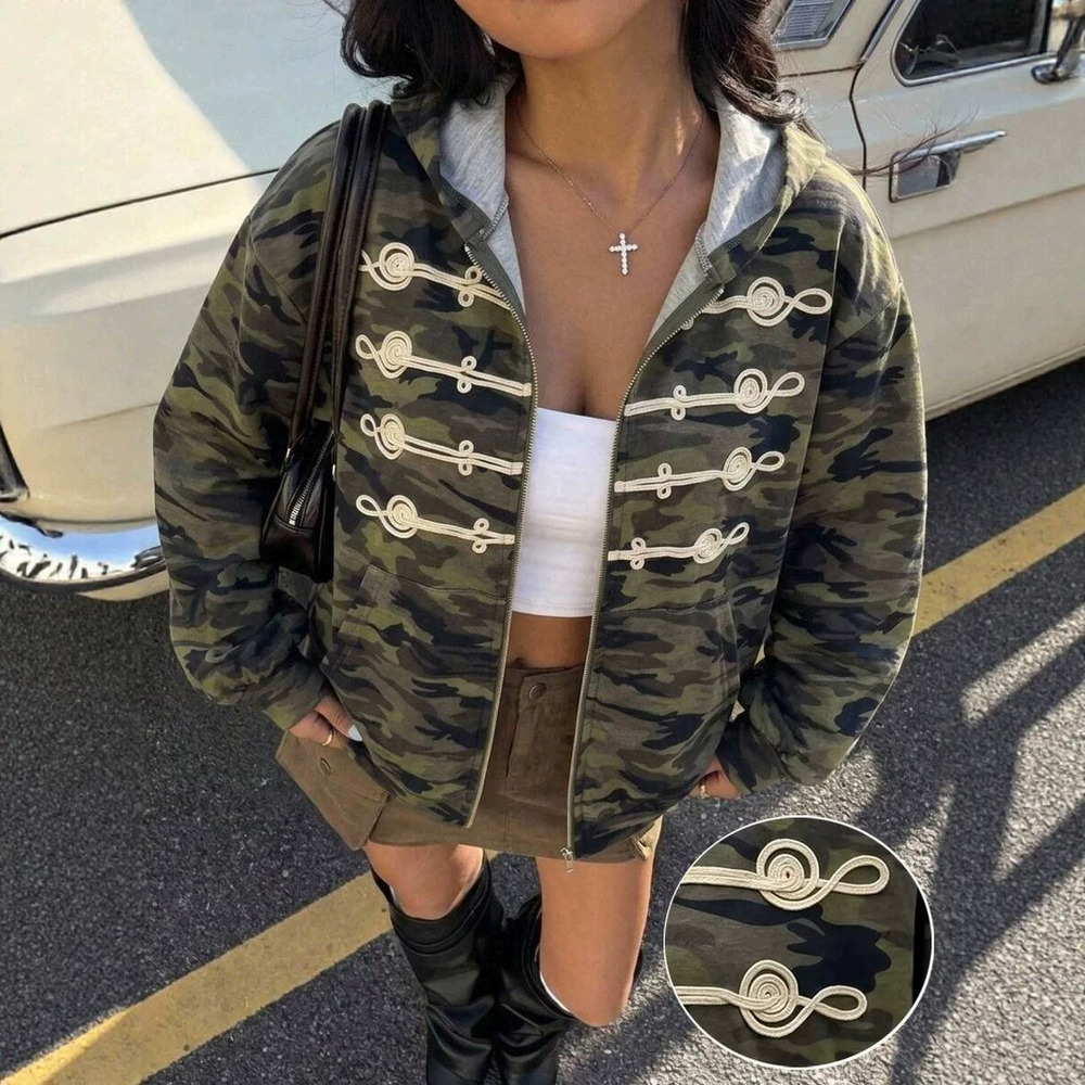 Zara Fall Camo Print Zip Front Hoodie Faux Button Oversized